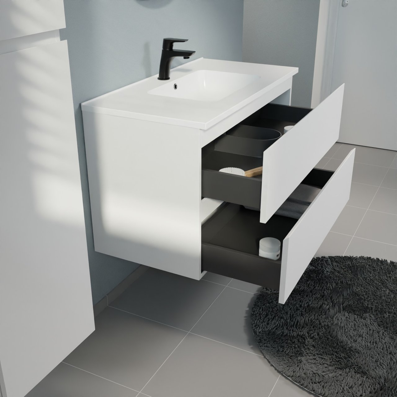 Linie Lado meuble salle de bains suspendu 90 x 46 cm blanc mat avec Vano plan simple en marbre composite blanc mat