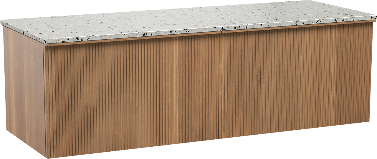 Balmani Forma zwevend badmeubel 150 x 55 cm teakhout met Stretto enkel of dubbel wastafelblad in mat wit/zwart terrazzo, Verticale symmetrische rechte ribbel