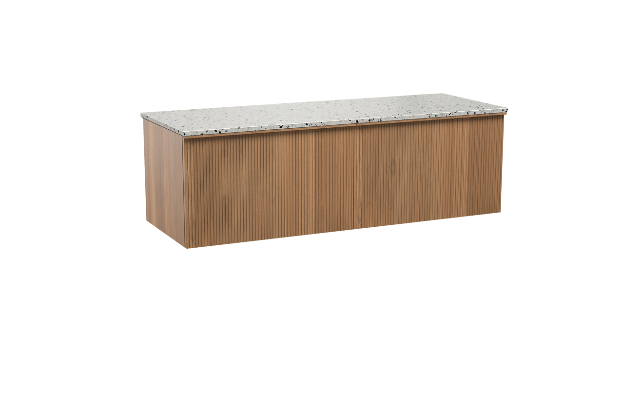Balmani Forma zwevend badkamermeubel 150 x 55 cm teak met Stretto enkel of dubbel tablet in mat wit/zwart terrazzo, Verticale symmetrische rechte ribbel
