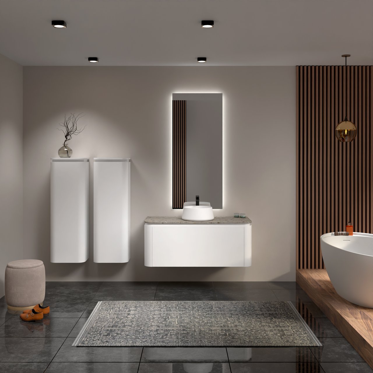 Balmani Moon meuble salle de bains suspendu 130 x 55 cm blanc mat avec Moon tablette simple ou double en terrazzo greige terrazzo