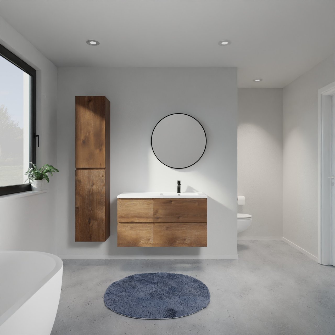 Linie Lado zwevend badkamermeubel 100 x 46 cm bruine eik met Vano asymmetrisch rechtse wastafel in composietmarmer mat wit