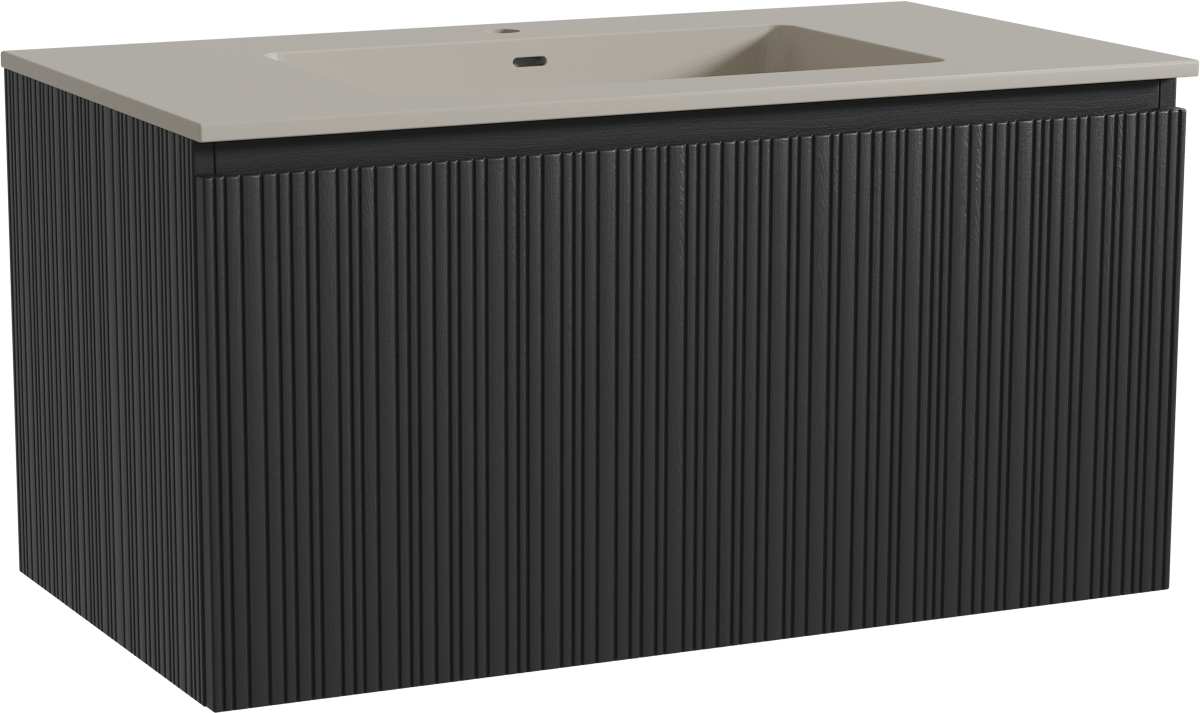 Storke Ribs zwevend badmeubel 95 x 52 cm zwart eiken met Diva enkele wastafel in top solid zijdegrijs, Verticale asymmetrische rechte ribbel
