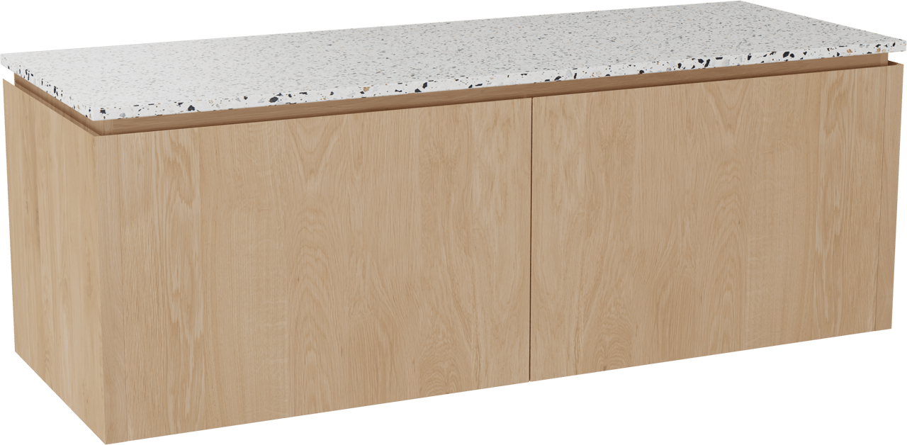 Balmani Eclips hängendes Möbelstück Set: 150 x 55 cm, Eiche Natur, mit Stretto Einzel- oder Doppel Waschtischplatte Bianco Nero Terrazzo