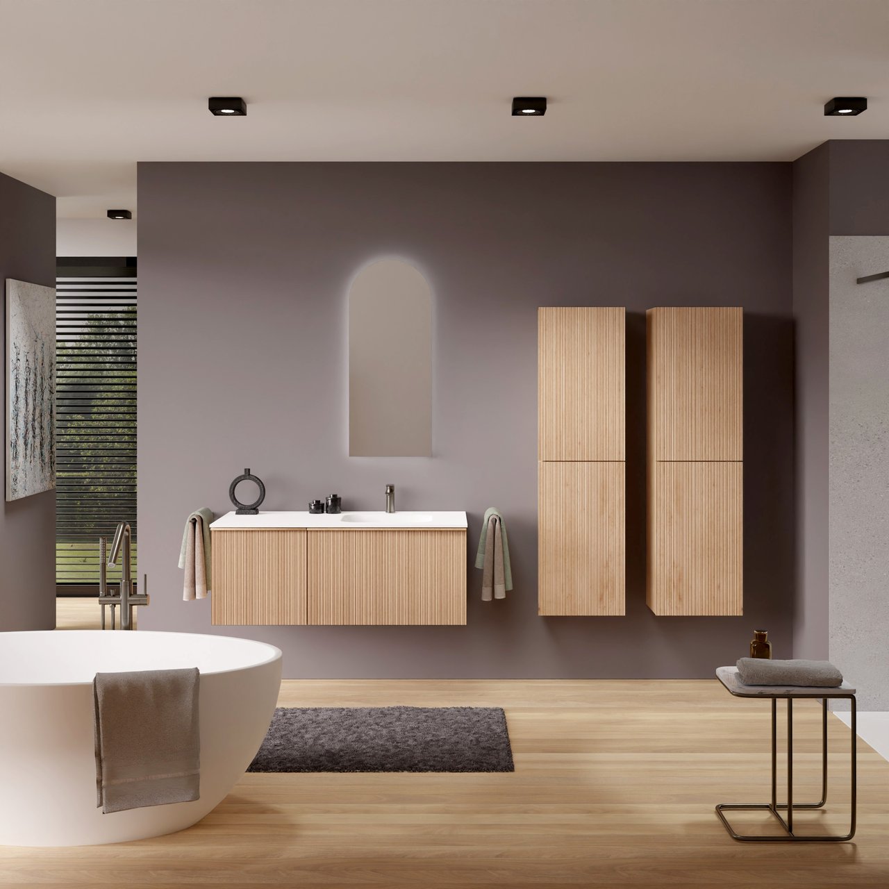 Balmani Forma meuble salle de bains suspendu 120 x 55 cm chêne naturel avec Tablo Arcato plan vasque asymétrique à droite en solid surface blanc mat, Nervure circulaire asymétrique verticale