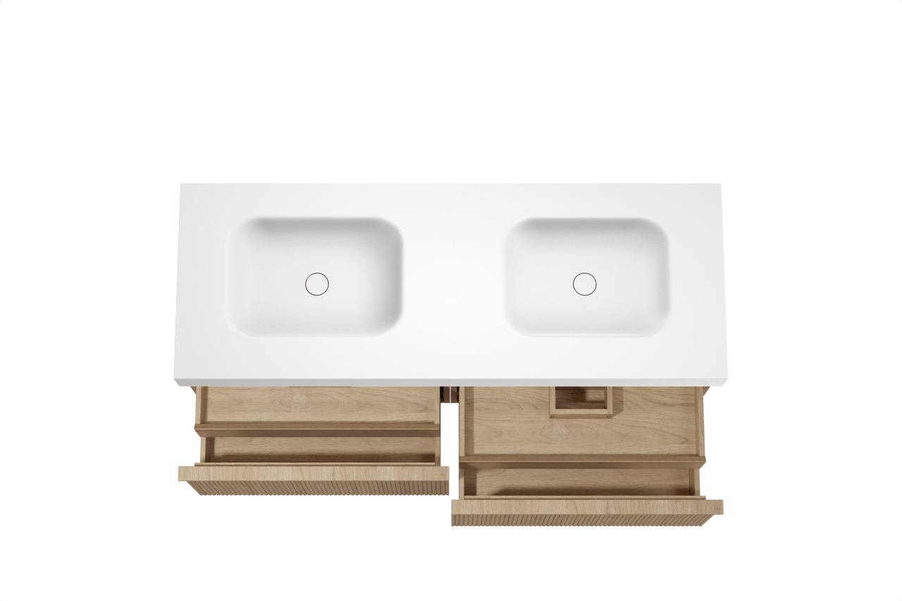 Balmani Forma zwevend badkamermeubel 150 x 55 cm natuur eik met Arcato dubbele wastafel in solid surface mat wit, Verticale symmetrische rechte ribbel