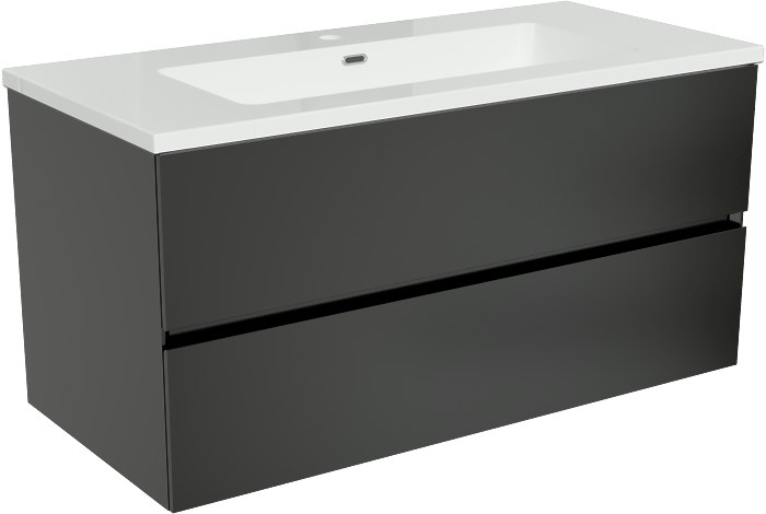 Storke Edge hängendes Möbelstück Set: 100 x 46 cm, Schwarz matt, mit Diva Einzelwaschtisch, Marmorkomposit Weiß glänzend