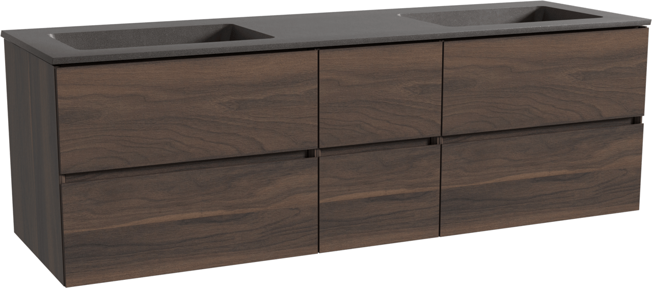 Storke Edge meuble salle de bains suspendu 165 x 52 cm noyer avec Scuro double vasque en quartz noir mat