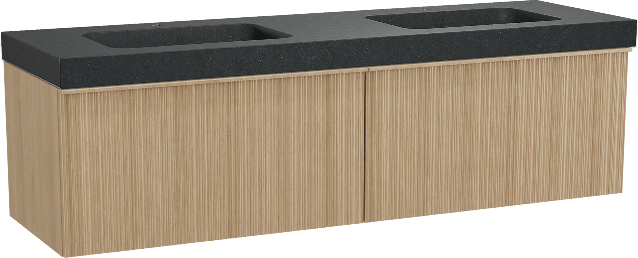 Balmani Forma hängendes Möbelstück Set: 180 x 55 cm, Naturbelassene Eiche, mit Napoli Doppelwaschtisch, Granit, Schwarzes Granit, Vertikale asymmetrische Runde Rippe
