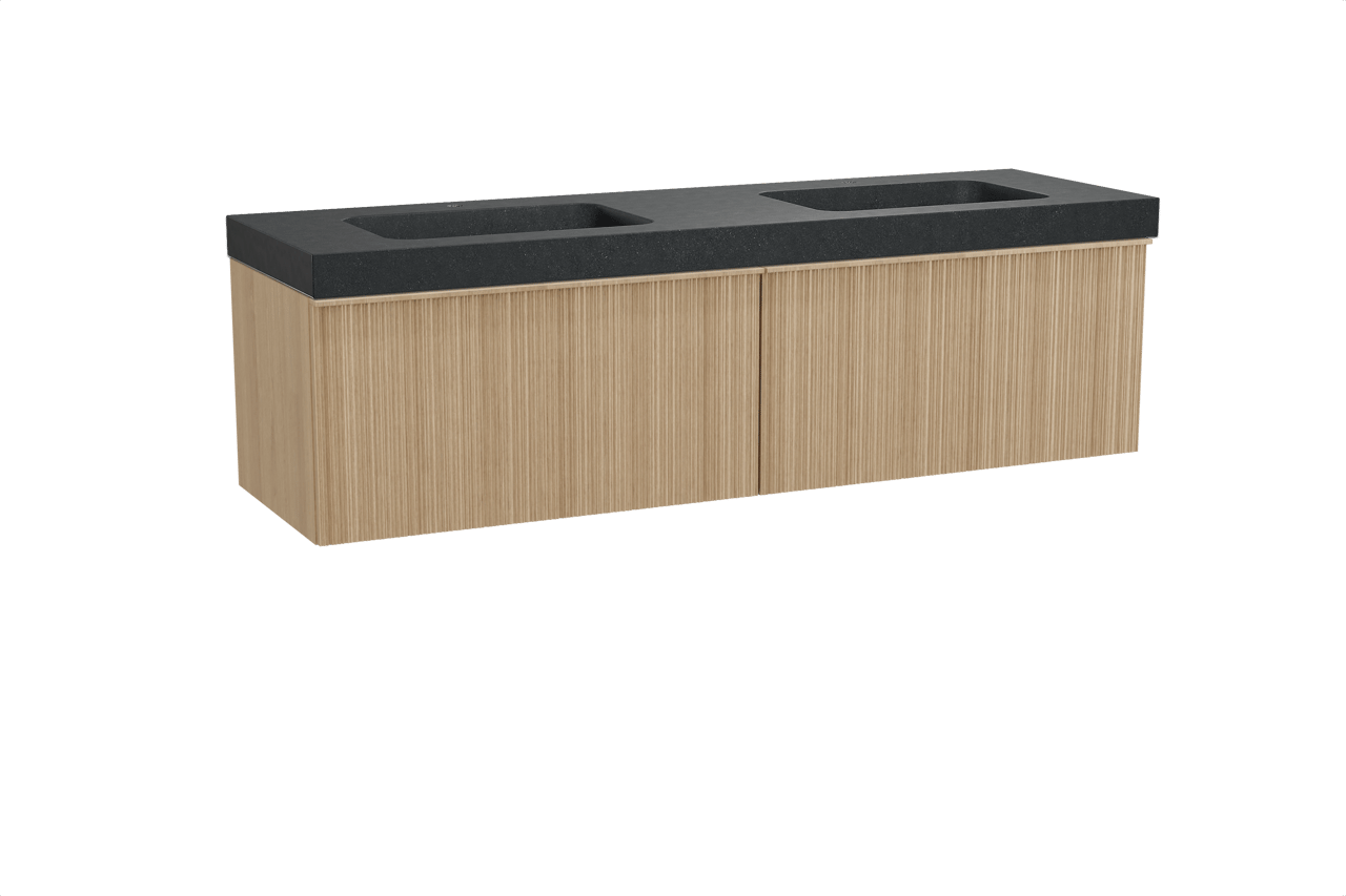 Balmani Forma zwevend badkamermeubel 180 x 55 cm natuur eik met Napoli dubbele wastafel in graniet zwart, Verticale asymmetrische ronde ribbel