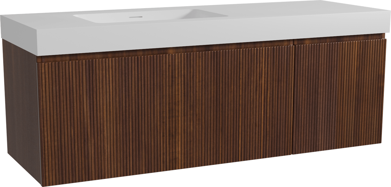 Storke Ribs meuble salle de bains suspendu 150 x 52 cm noyer avec Mata High vasque asymétrique gauche en solid surface blanc mat, Nervure droite symétrique verticale