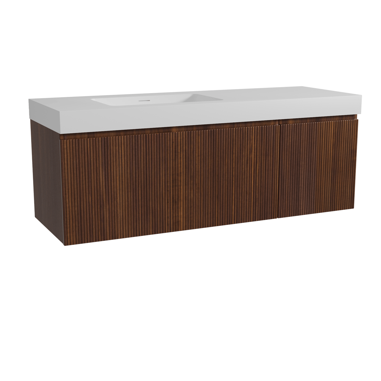 Storke Ribs meuble salle de bains suspendu 150 x 52 cm noyer avec Mata High vasque asymétrique gauche en solid surface blanc mat, Nervure droite symétrique verticale