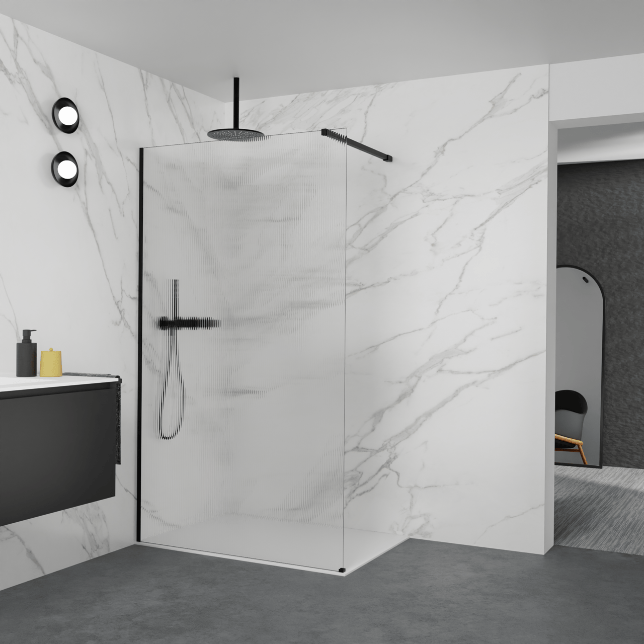 Balmani Modular Walk-In Dusche: 120 x 200 cm, Ribs, inklusive Coating, Profil Schwarz matt
