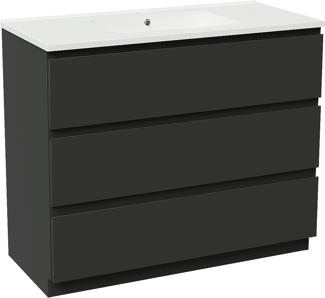 Linie Lado freistehendes Möbelstück Set: 100 x 46 cm, Schwarz matt, mit Vano Einzelwaschtisch, Marmorkomposit Weiß glänzend