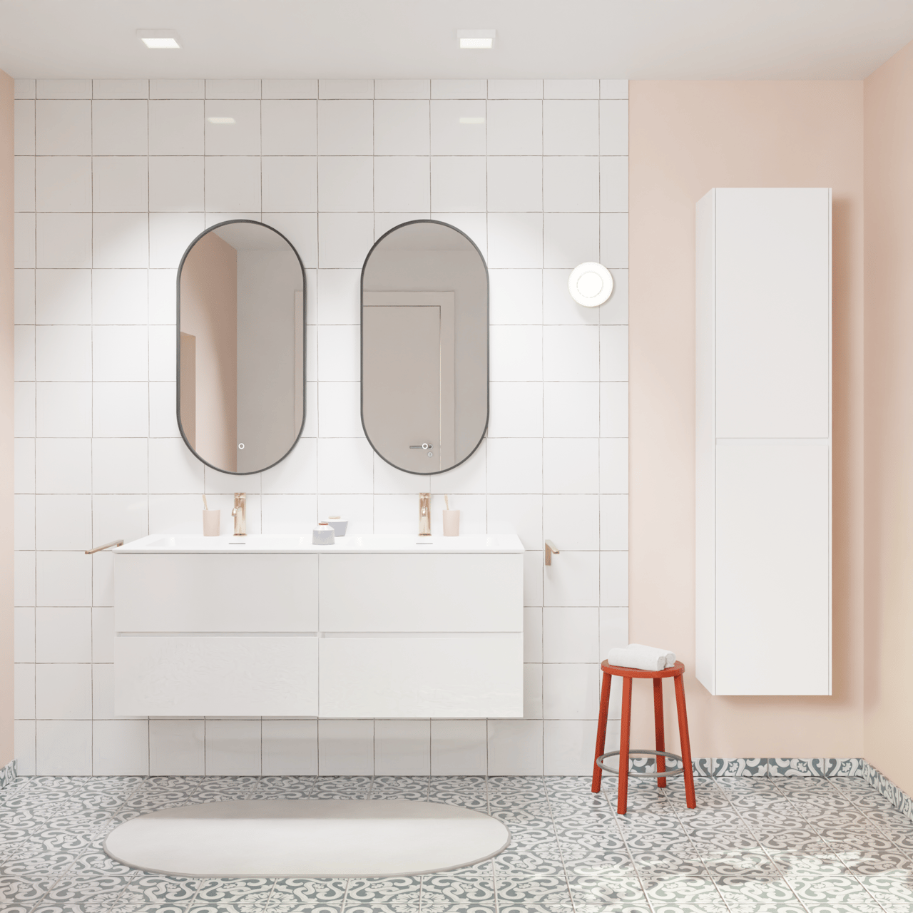 Storke Edge meuble salle de bains suspendu 130 x 52 cm blanc brillant avec Mata double vasque en solid surface blanc mat