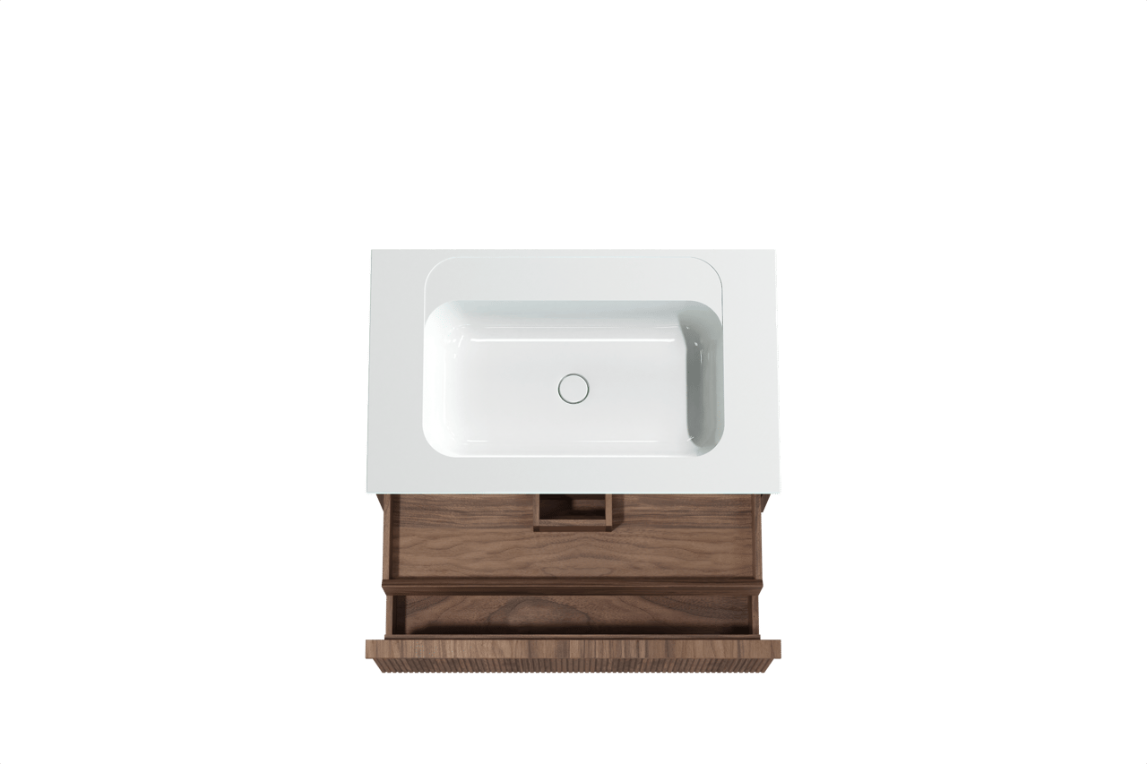 Balmani Forma zwevend badkamermeubel 90 x 55 cm amerikaanse notelaar met Tablo Strada enkele wastafel in composietmarmer glanzend wit, Verticale symmetrische rechte ribbel