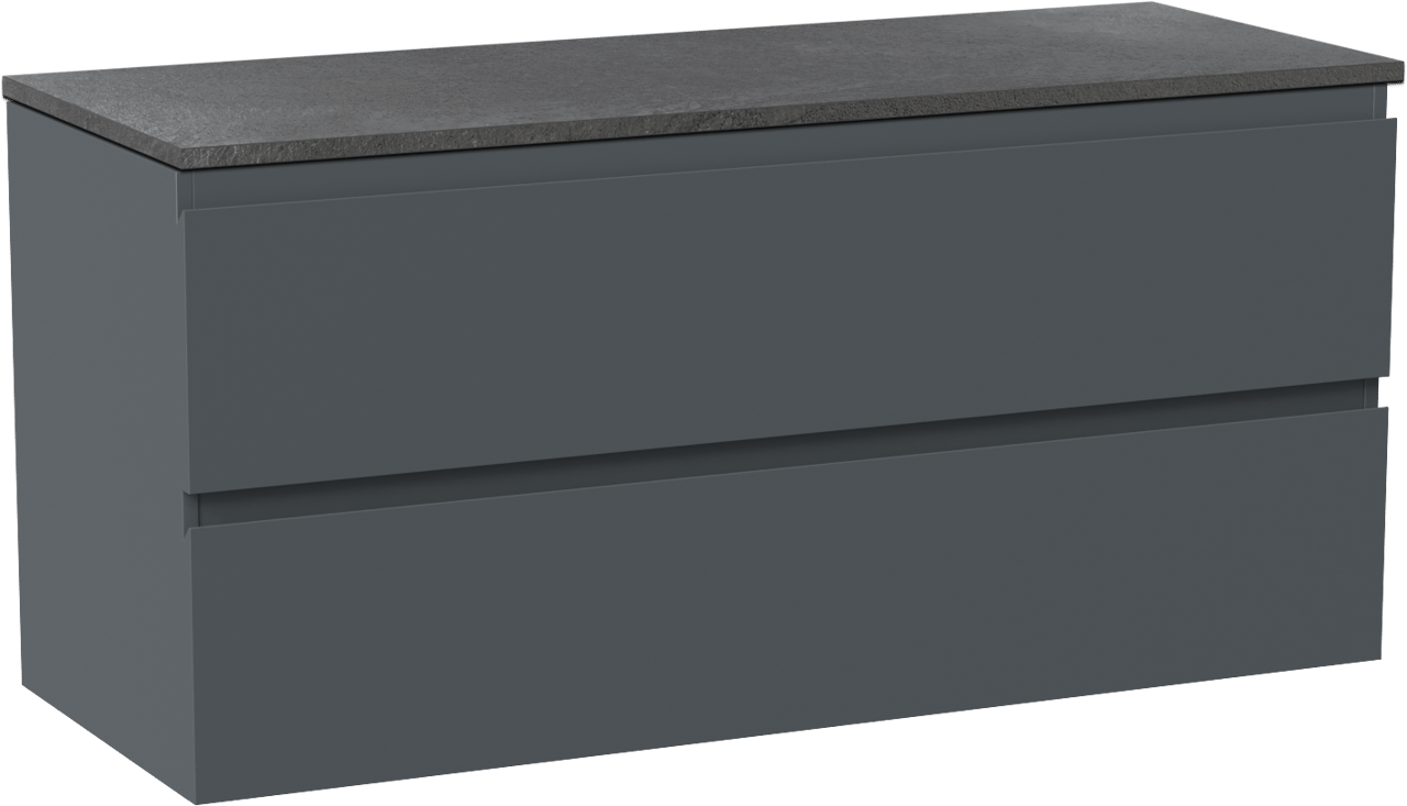 Linie Lado zwevend badmeubel 120 x 46 cm blauw antraciet met Lado enkel of dubbel wastafelblad in melamine grijze leisteen