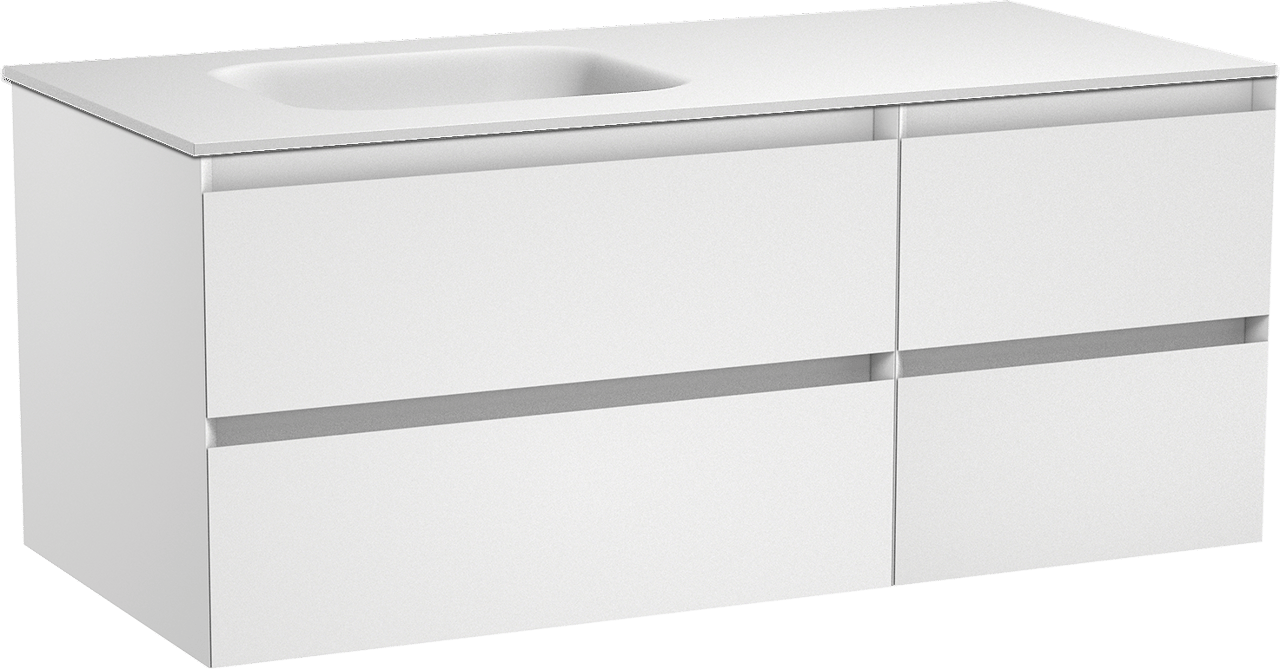 Balmani Mitra hängendes Möbelstück Set: 120 x 55 cm, Weiß matt, mit Tablo Arcato Waschtisch links, Solid Surface Weiß matt