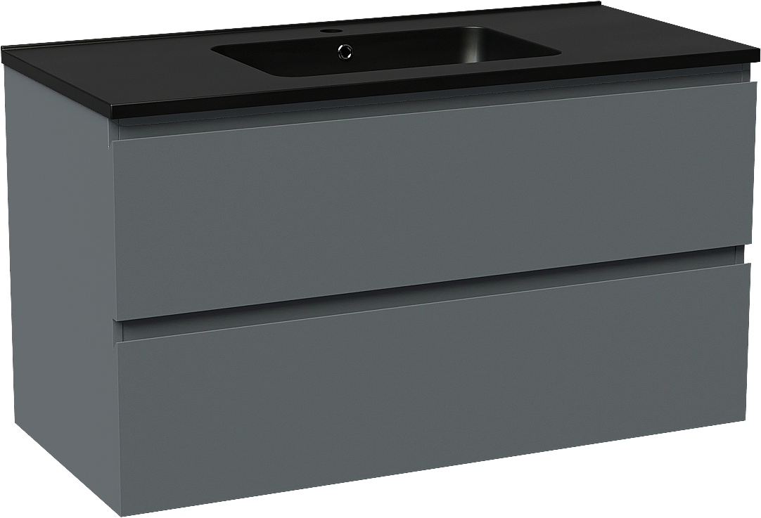 Linie Lado meuble salle de bains suspendu 100 x 46 cm bleu anthracite avec Vano plan simple en marbre composite noir mat