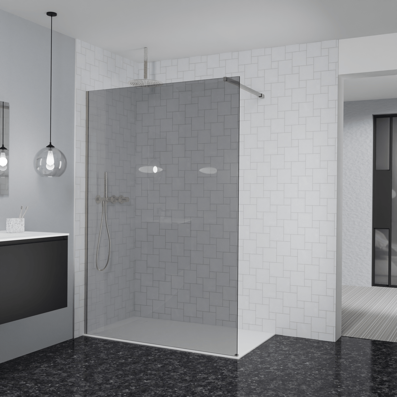 Balmani Modular douche à l'italienne: 140 x 200 cm, Verre fumé, Profil Brushed CoolMetal