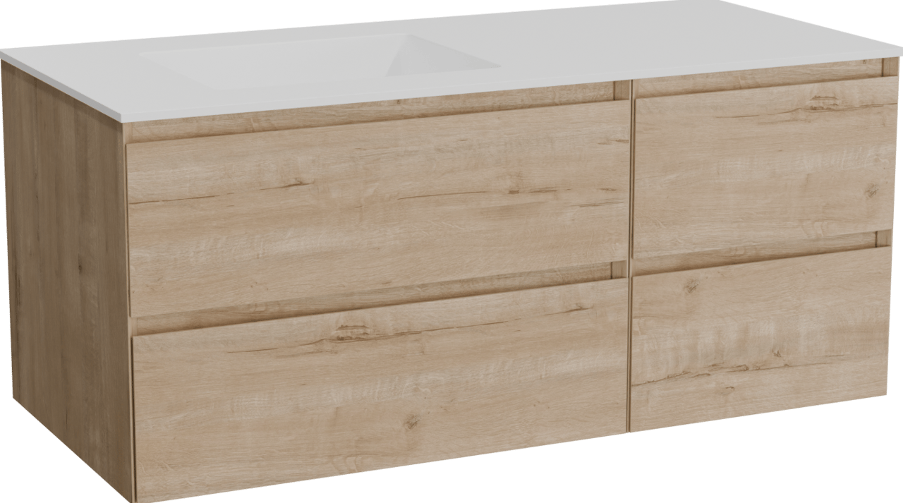 Balmani Mitra hängendes Möbelstück Set: 120 x 55 cm, Rohe Eiche, mit Tablo Stretto Waschtisch links, Solid Surface Weiß matt