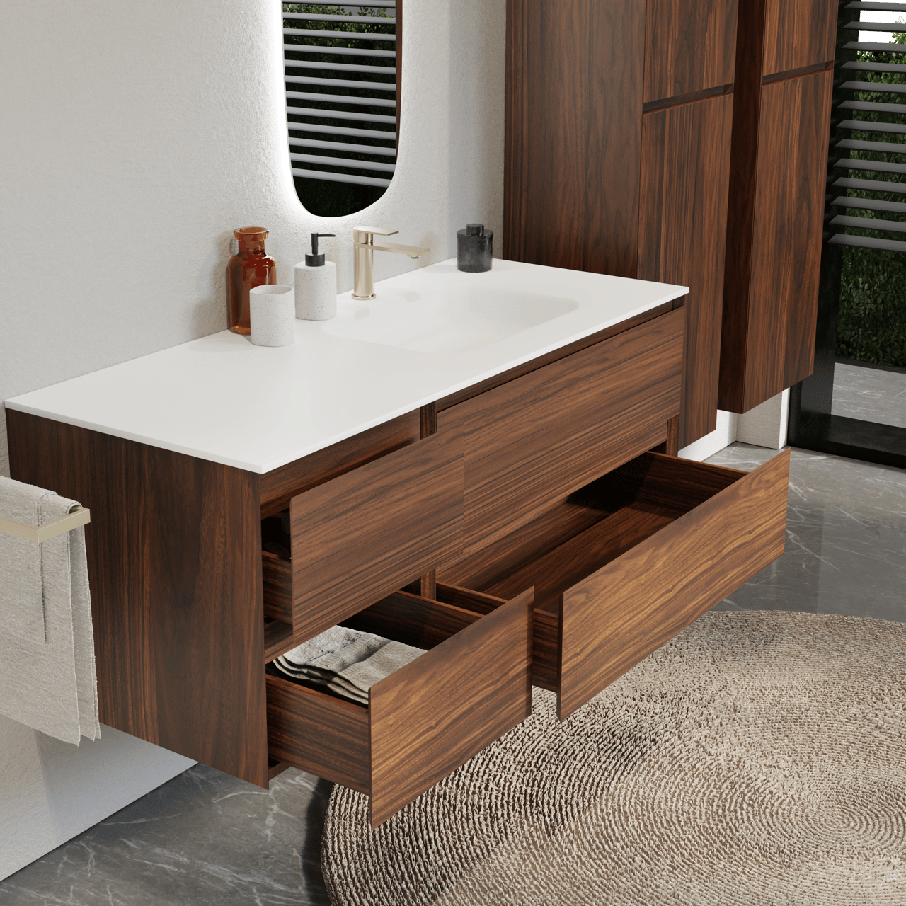 Balmani Mitra zwevend badmeubel 135 x 55 cm notenhout met Tablo Arcato asymmetrisch rechtse wastafel in solid surface mat wit