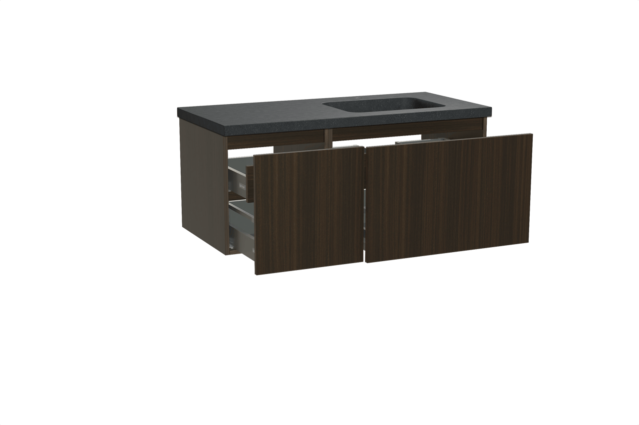 Balmani Sfera hängendes Möbelstück Set: 120 x 55 cm, Eucalyptus, mit Napoli Waschtisch rechts, Schwarzes Granit