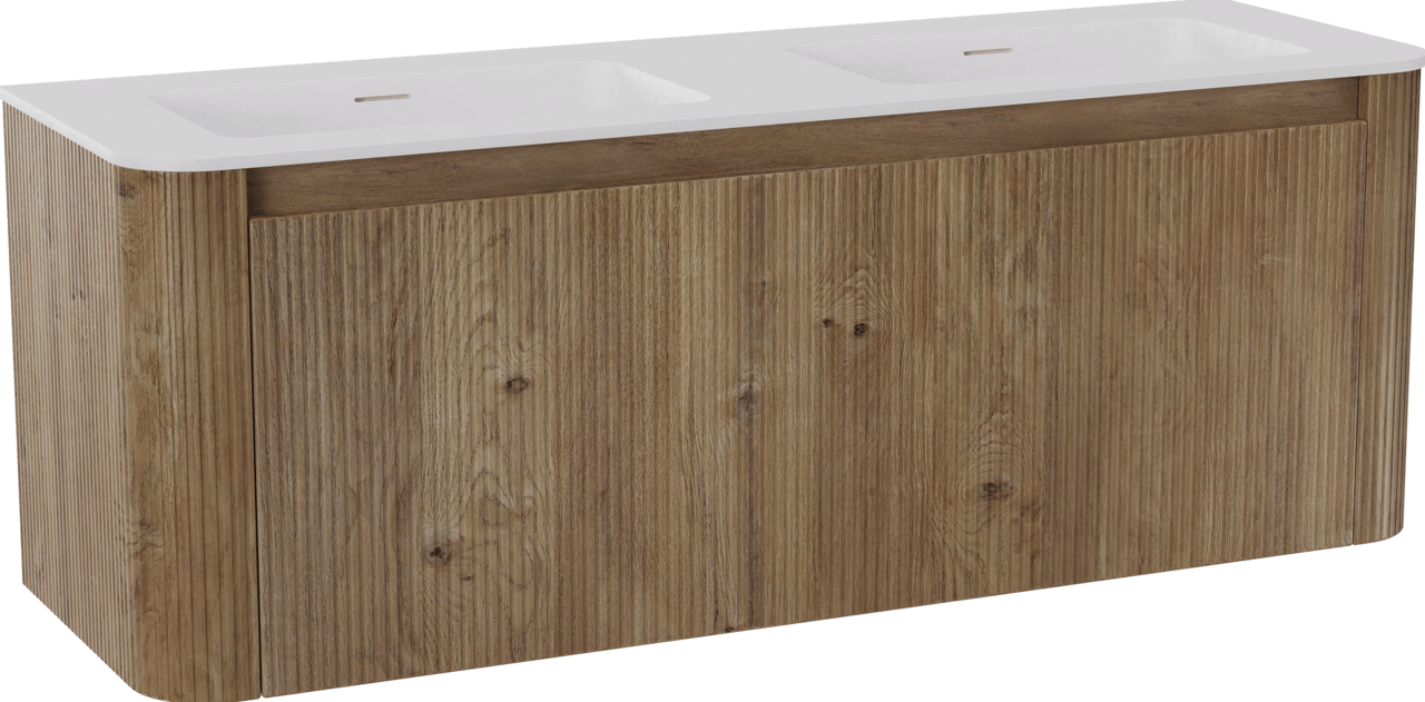 Storke Soft zwevend badmeubel 140 x 46 cm ruw eiken met Mata Soft dubbele wastafel in solid surface mat wit, Verticale symmetrische rechte ribbel