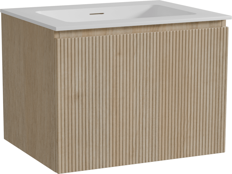 Storke Ribs zwevend badmeubel 65 x 52 cm ruw eiken met Mata enkele wastafel in solid surface mat wit, Verticale symmetrische rechte ribbel