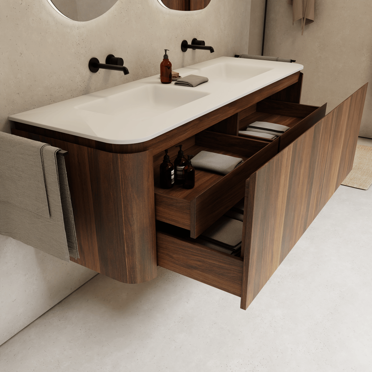 Balmani Moon hängender Waschbeckenunterschrank: 160 x 55 cm, Amerikanischer Nussbaum, 4 Schubladen