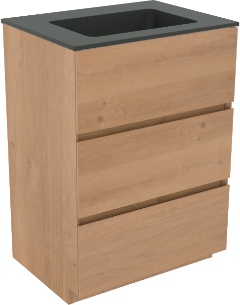 Storke Edge staand badmeubel 60 x 46 cm ruw eiken met Scuro enkele wastafel in kwarts mat zwart