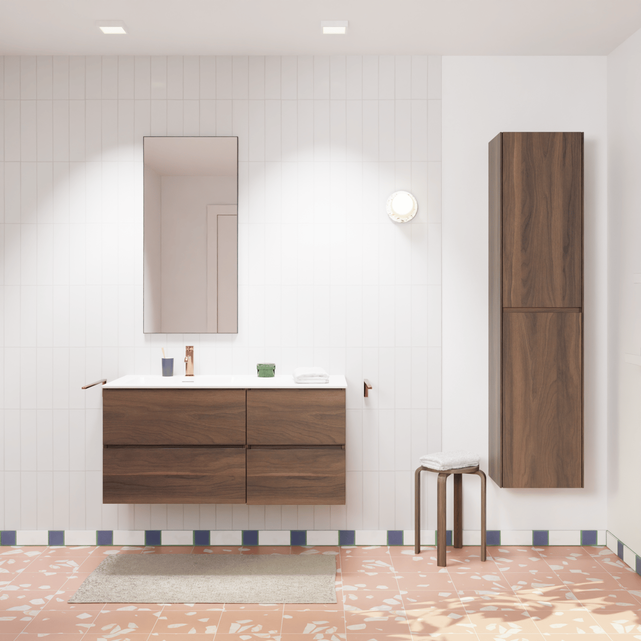 Storke Edge hängendes Möbelstück Set: 110 x 52 cm, Nussbaum, mit Mata Waschtisch links, Solid Surface Weiß matt