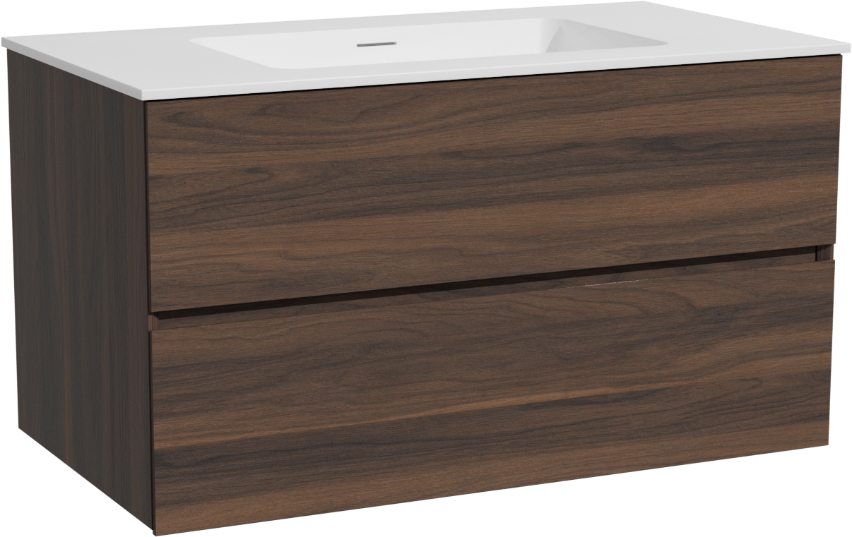 Storke Edge zwevend badmeubel 95 x 52 cm notenhout met Mata enkele wastafel in solid surface mat wit