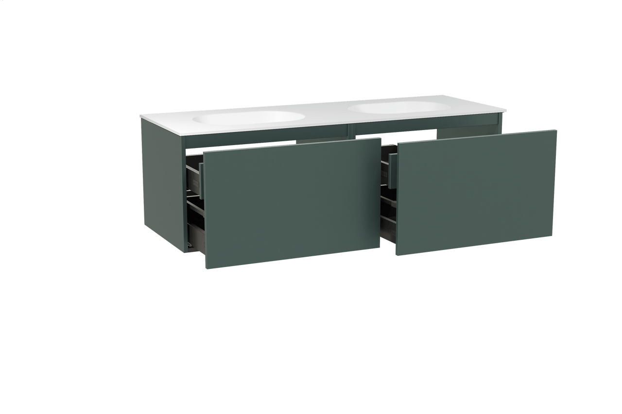 Balmani Sfera zwevend badkamermeubel 150 x 55 cm forest met Tablo Oval dubbele wastafel in solid surface mat wit