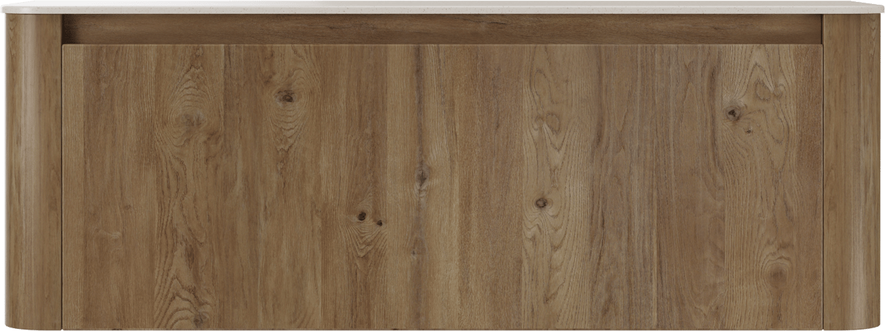 Storke Soft zwevend badmeubel 140 x 46 cm ruw eiken met Tavola Soft enkel of dubbel wastafelblad in solid surface beige granita