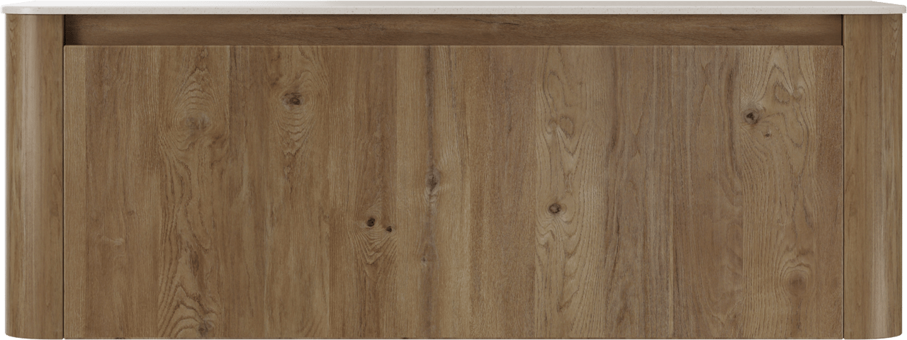 Storke Soft hängendes Möbelstück Set: 140 x 46 cm, Eiche rau, mit Tavola Soft Einzel- oder Doppel Waschtischplatte Solid Surface Beige Granit