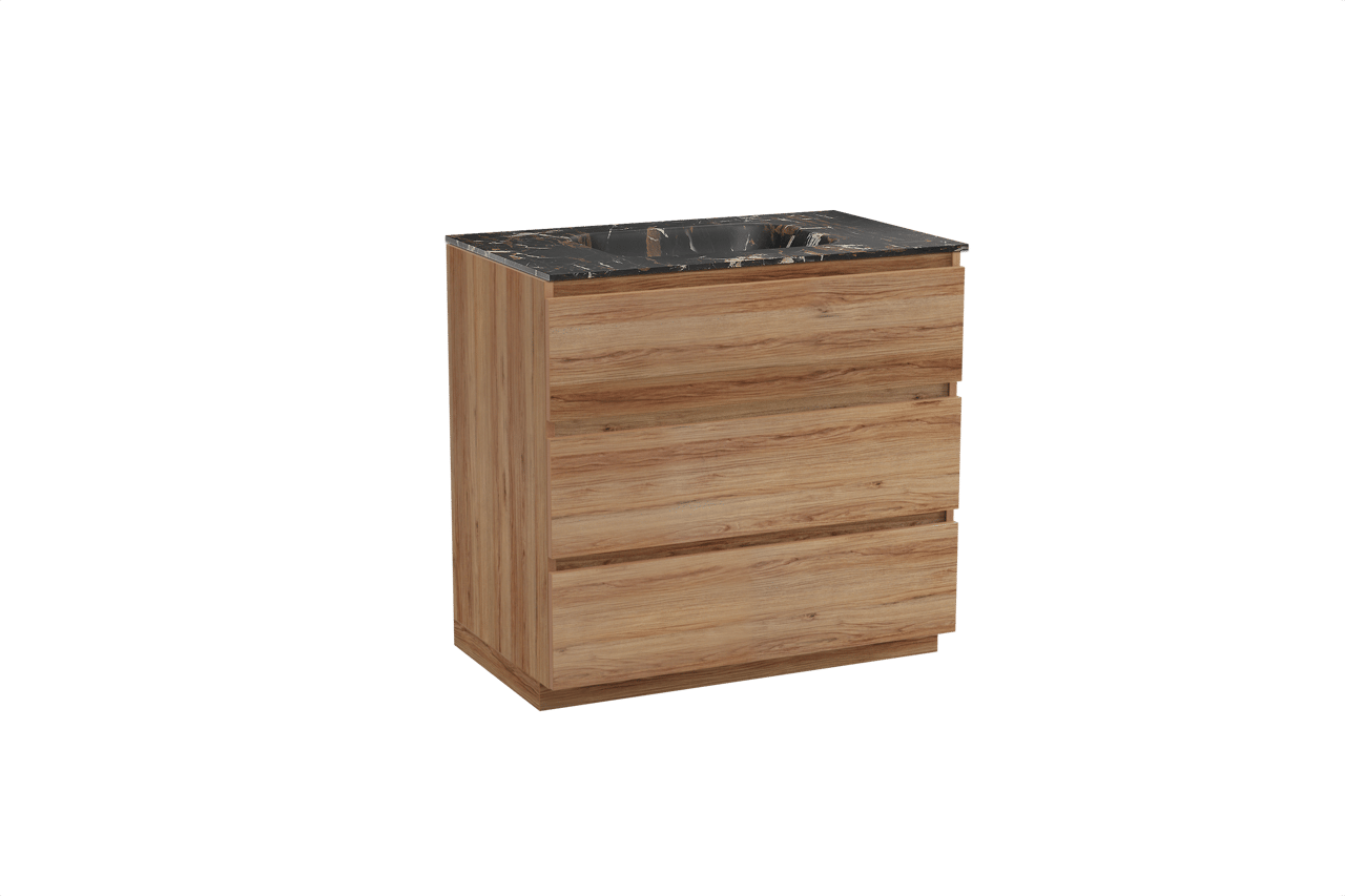 Balmani Lucida staand badkamermeubel 90 x 55 cm teak met Tablo Arcato enkele wastafel in marmer portoro gold