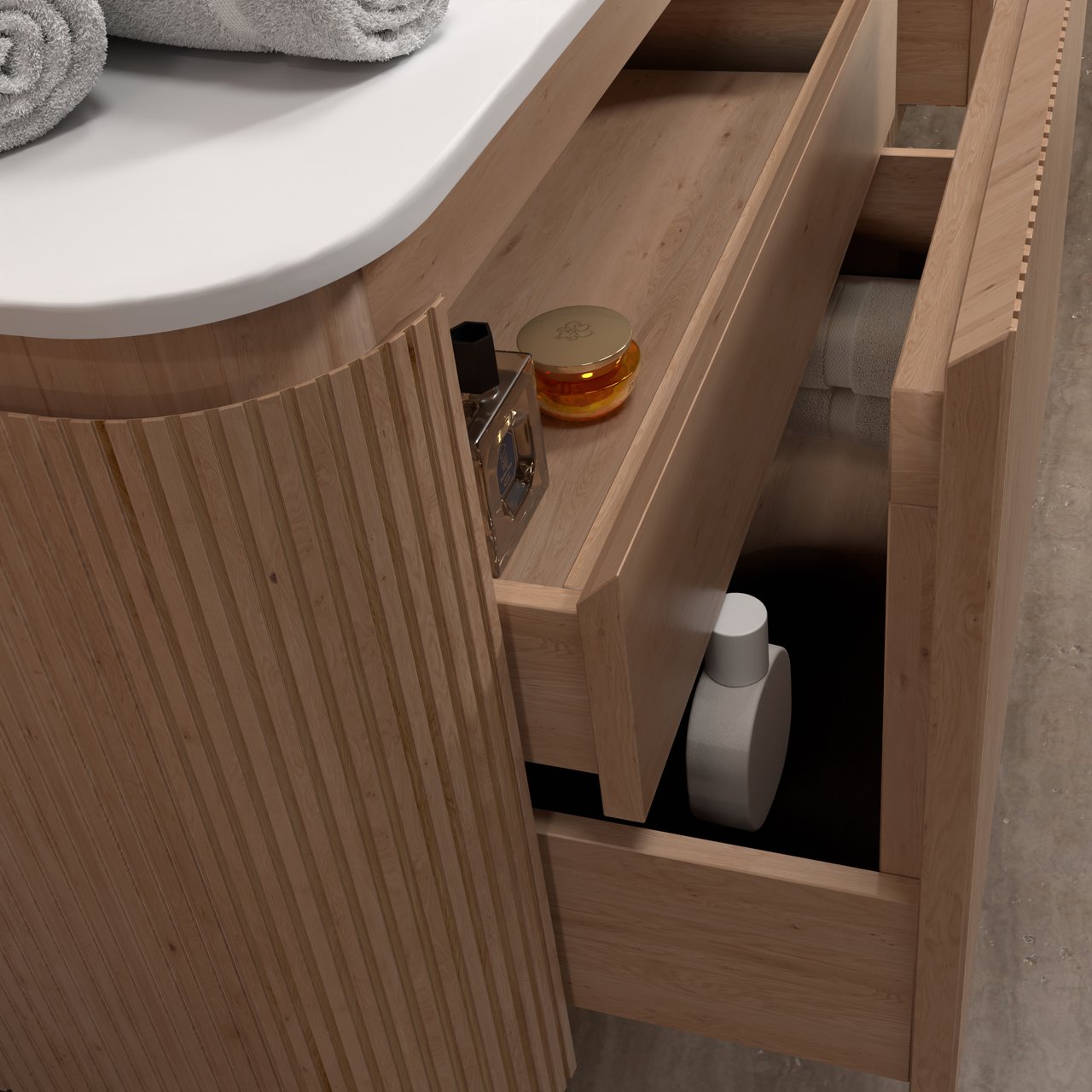 Balmani Moon meuble salle de bains suspendu 160 x 55 cm chêne naturel avec Moon double vasque en solid surface blanc mat, Nervure droite symétrique verticale