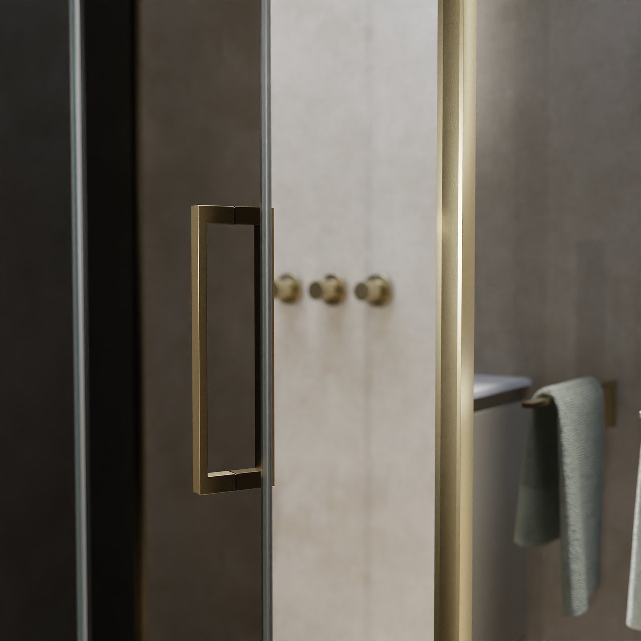 Balmani Senses Design Eckdusche: Drehtür (Links) mit fixierte Seitenwand, 140 x 100 cm, Rauchglas, Profil Brushed Champagner Gold