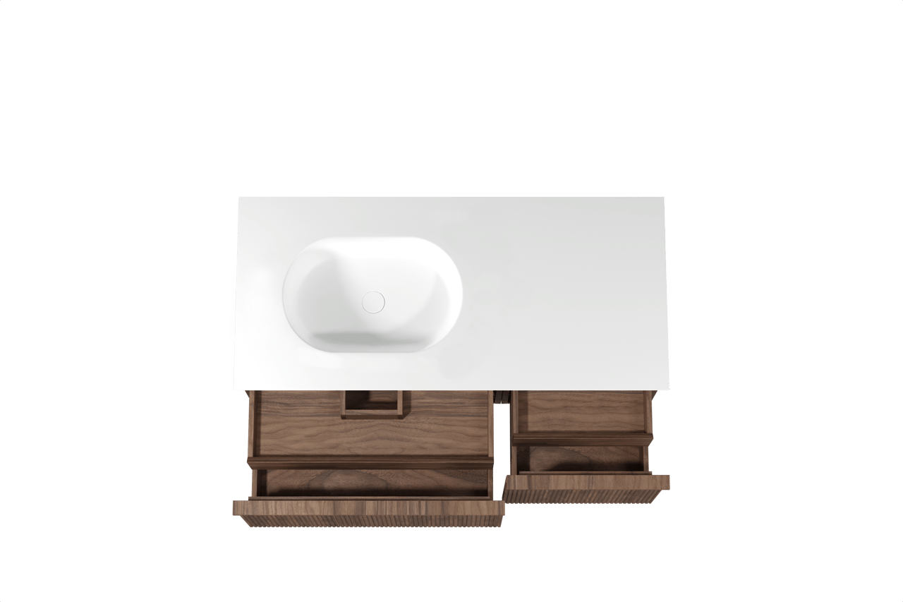 Balmani Forma hängendes Möbelstück Set: 120 x 55 cm, Amerikanischer Nussbaum, mit Tablo Oval Waschtisch links, Solid Surface, Weiß matt, Vertikale symmetrische gerade Rippe