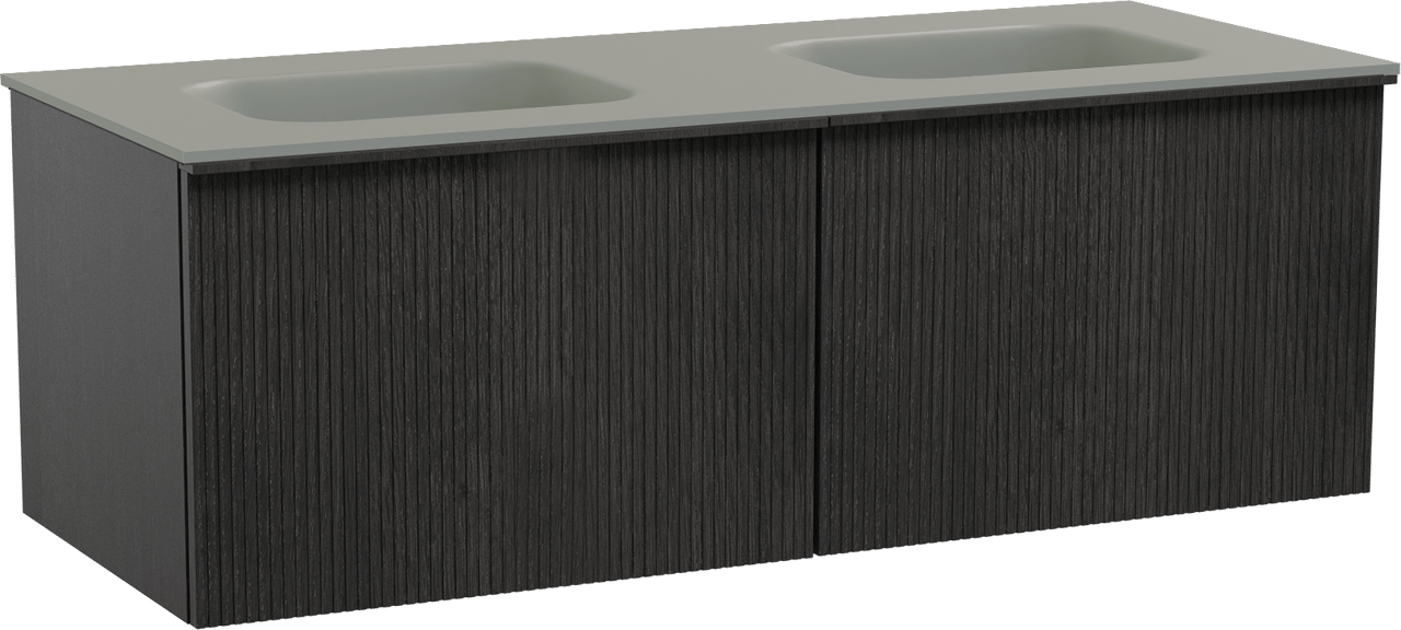 Balmani Forma zwevend badkamermeubel 135 x 55 cm zwarte eik met Tablo Arcato dubbele wastafel in solid surface steengrijs, Verticale symmetrische rechte ribbel