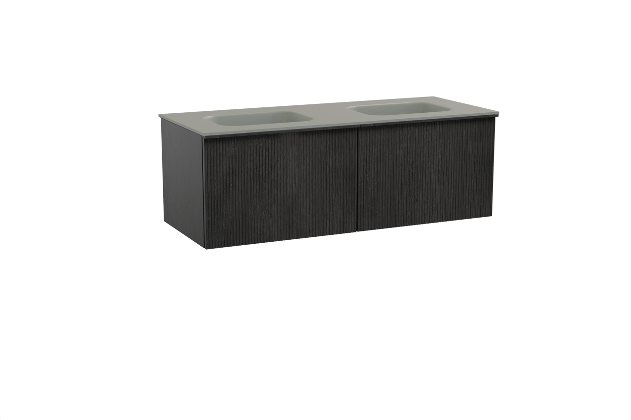 Balmani Forma meuble salle de bains suspendu 135 x 55 cm chêne noir avec Tablo Arcato double vasque en solid surface gris pierre, Nervure droite symétrique verticale