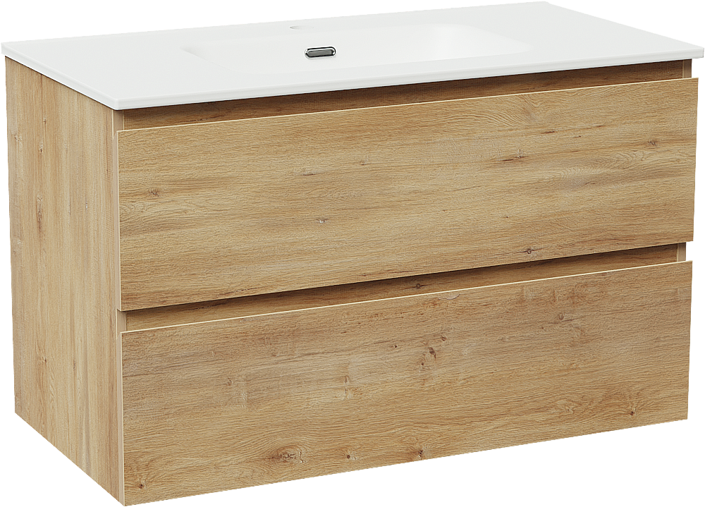 Linie Lado zwevend badkamermeubel 90 x 46 cm natuur eik met Baro enkele wastafel in porselein mat wit