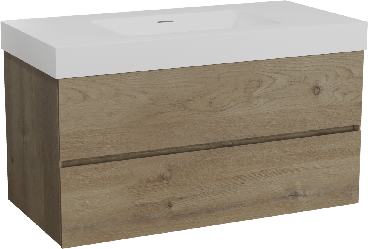 Storke Edge zwevend badmeubel 105 x 52 cm ruw eiken met Mata High enkele wastafel in solid surface mat wit