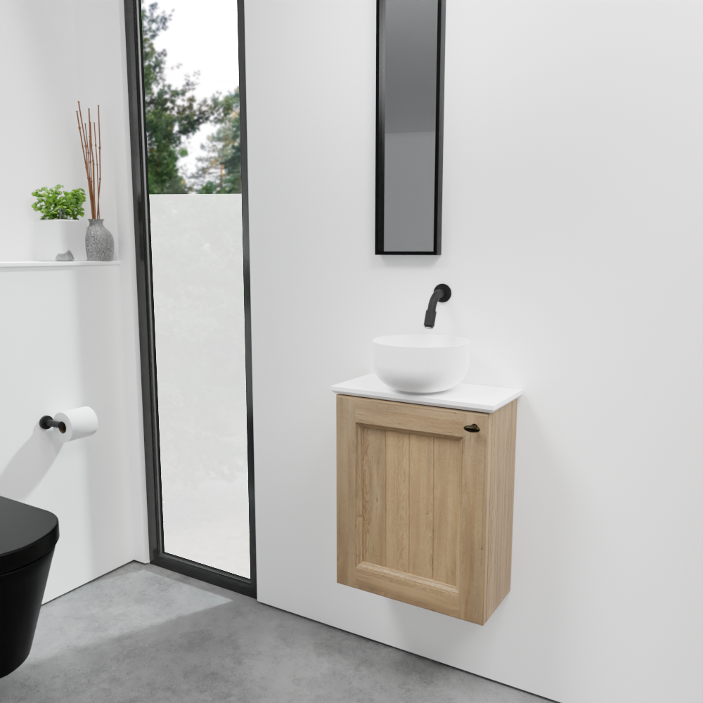 Balmani Lemon zwevend toiletmeubel 42 x 21 cm verweerde eik met Facetta tablet en Bowl waskom in matte Solid Surface