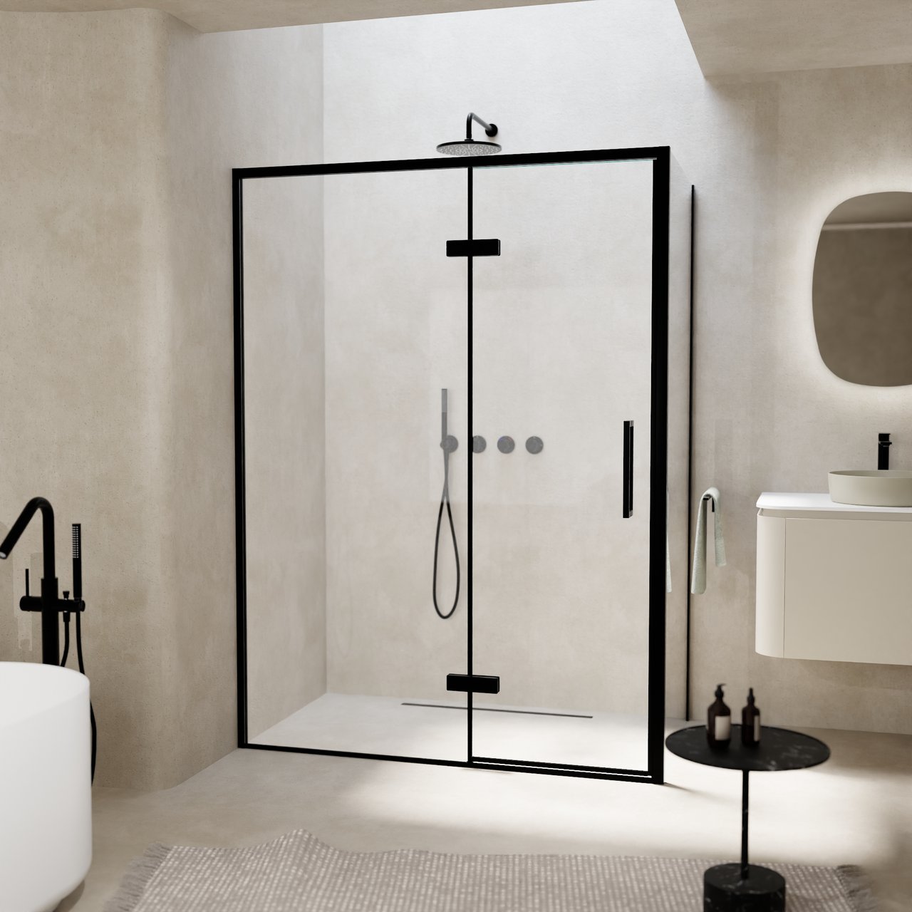 Balmani Senses Design douchehoek met linkse draaideur en vaste zijwand, 140 x 100 cm, Helder glas, Zwarte profielen, met coating