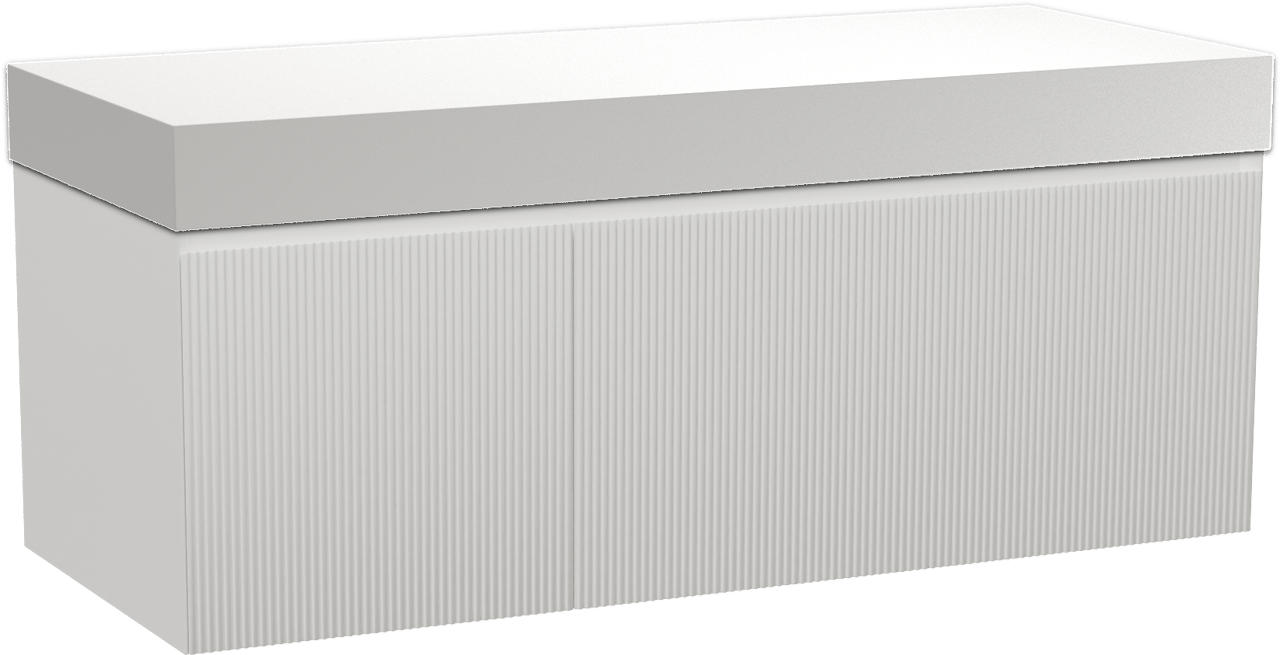 Balmani Fila hängendes Möbelstück Set: 135 x 55 cm, Weiß matt, mit Dominus Einzel- oder Doppel Waschtischplatte, Solid Surface, Weiß matt, Vertikale symmetrische gerade Rippe