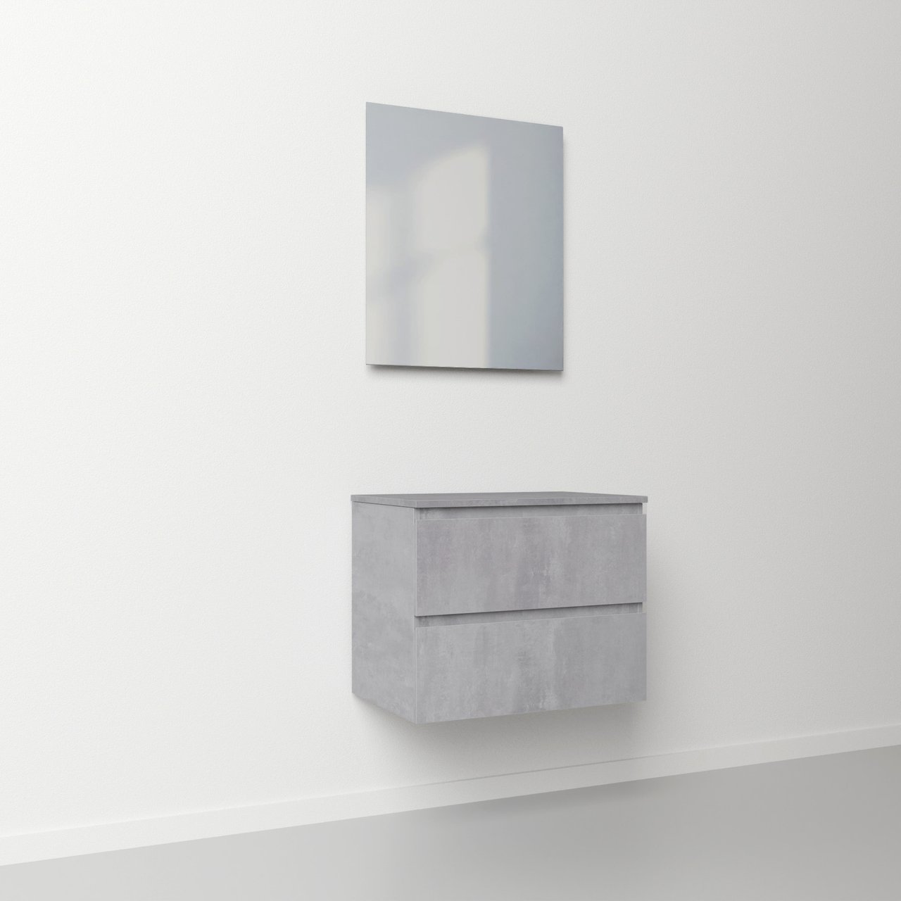 Linie Lado zwevend badkamermeubel 70 x 46 cm beton donkergrijs met Lado enkel tablet in melamine beton donkergrijs en Soto badkamerspiegel