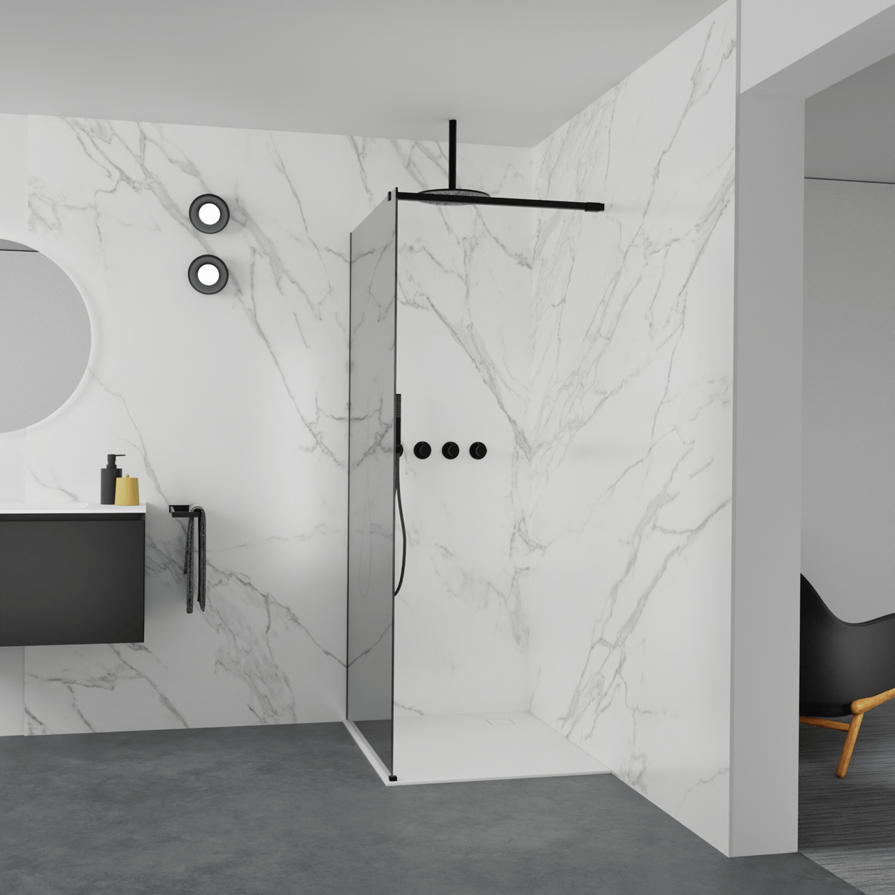 Balmani Modular Walk-In Dusche: 100 x 200 cm, Reflex-Spiegelglas, inklusive Coating, Profil Schwarz matt