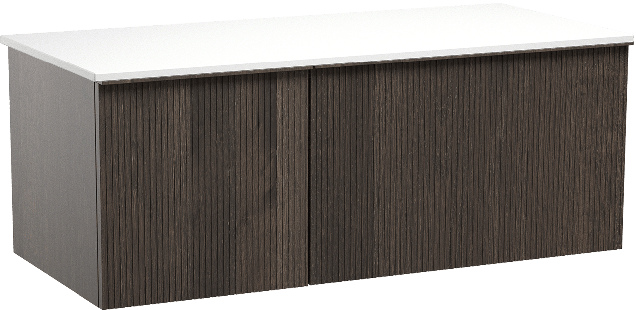 Balmani Forma meuble salle de bains suspendu 120 x 55 cm chêne fumé avec Stretto tablette simple ou double en solid surface blanc mat, Nervure droite symétrique verticale