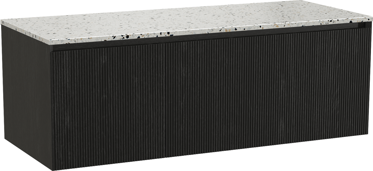 Balmani Fila meuble salle de bains suspendu 135 x 55 cm chêne noir avec Stretto tablette simple ou double en blanc/noir mat terrazzo, Nervure droite symétrique verticale